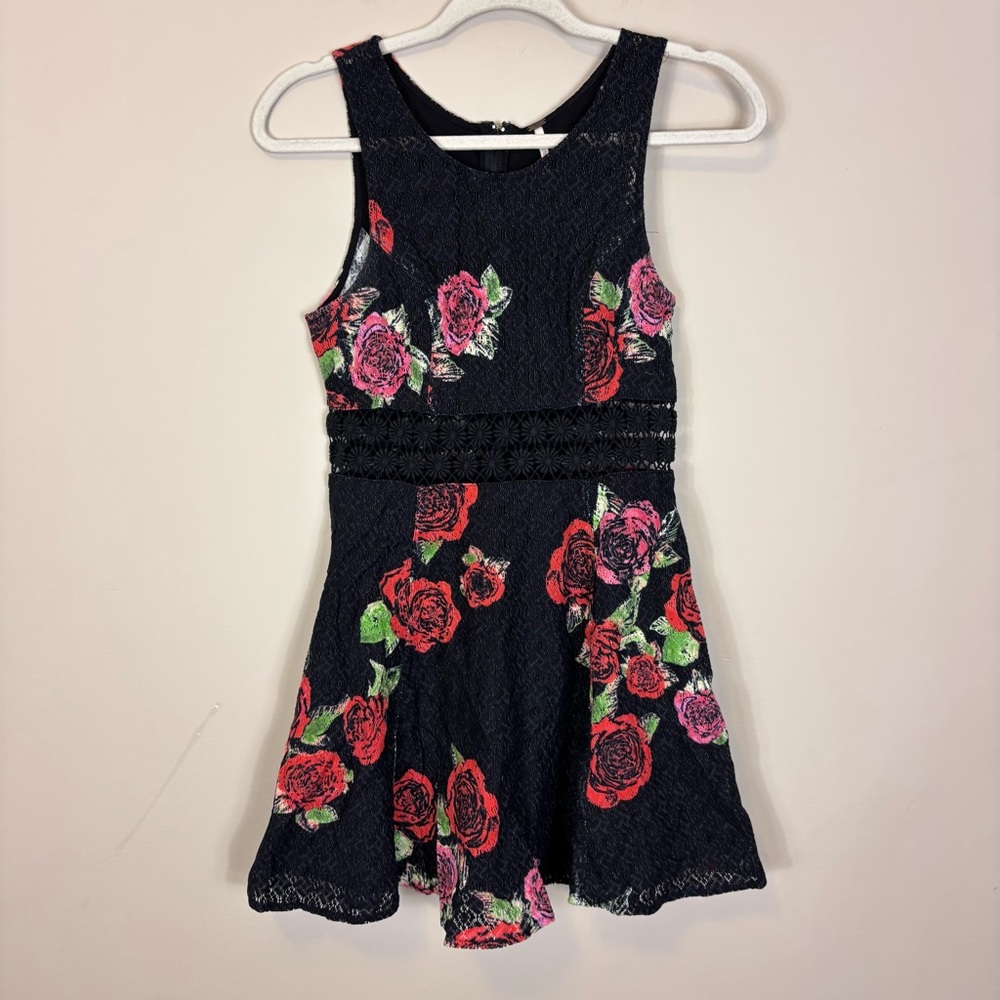 Free People Black Knit with Red Rose Print Sleeveless Skater Dress 2
